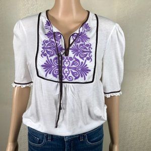 Tory Burch Embroidered Peasant Top in Soft Knit Fabric Sz M-L